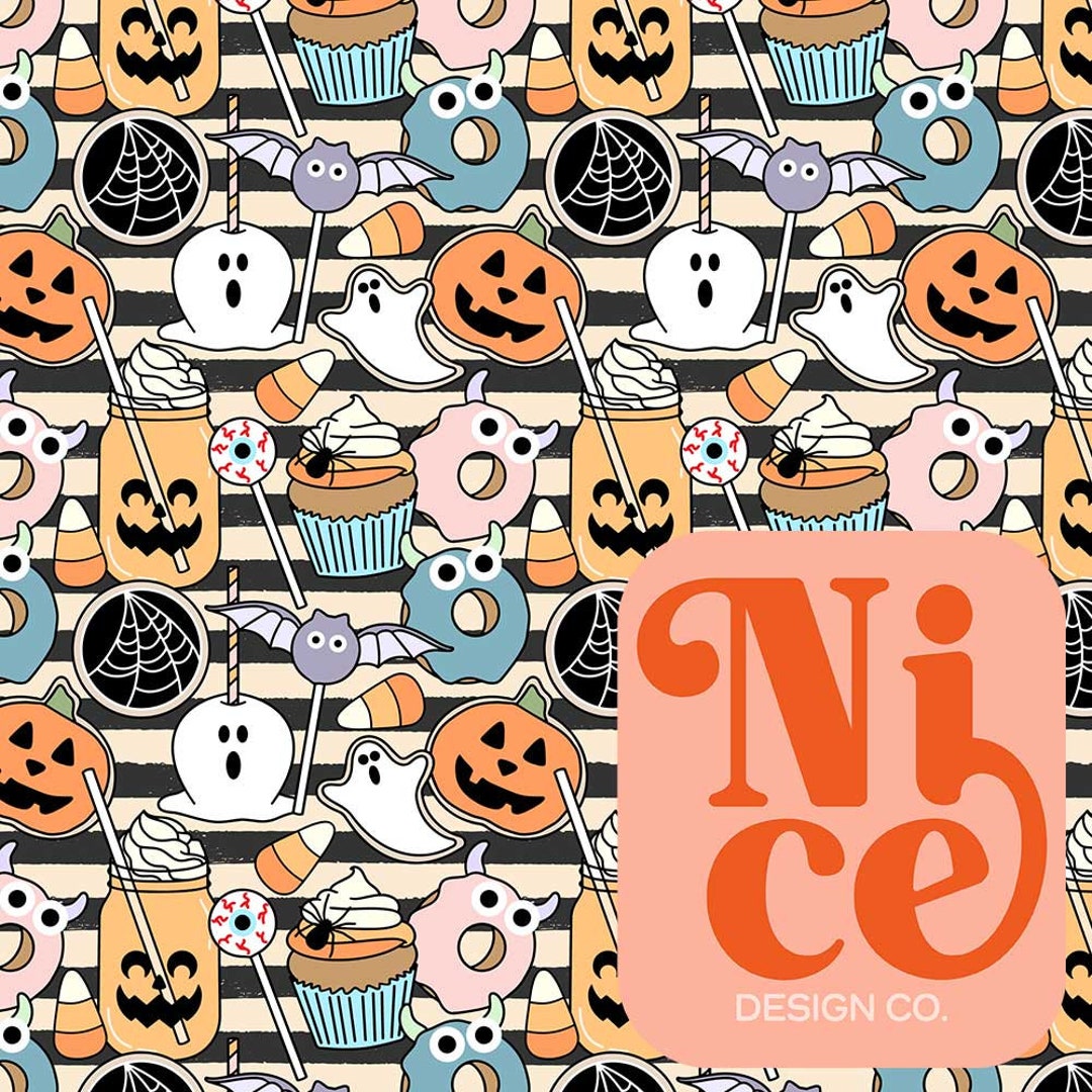 Seamless File for Fabric, Halloween, Food, Treats, Pastel, Hand Drawn ...