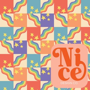 May include: A colorful rainbow and star pattern in a checkered design. The pattern is in shades of red, orange, yellow, green, blue, indigo, and violet. The background is a light beige color. The text "Nice Design Co." is in the lower right corner of the image.