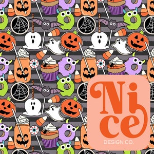 Halloween Food Seamless Pattern, Traditional Stripes Treats, Hand Drawn Kids Fabric File