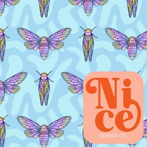 May include: A seamless pattern featuring colorful cicada insects on a light blue background with abstract shapes. The cicadas have iridescent wings and black outlines. The text "Nice Design Co." is in the lower right corner of the image.
