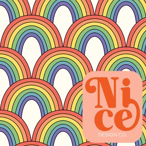 May include: A repeating pattern of stylized rainbows in a retro style. Each rainbow is composed of bands of color: red, orange, yellow, green, blue, and purple. The design includes the text "Nice DESIGN CO." in orange on a pink background.