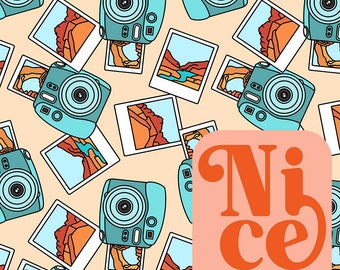 Summer Camera Seamless Pattern | Neutral Hand-Drawn Repeat Design | Digital Paper Instant Download