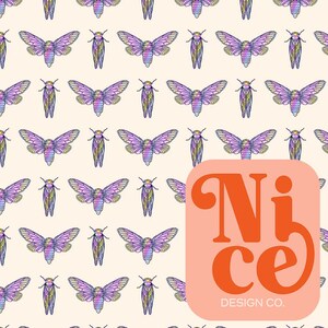 May include: A seamless pattern featuring a repeating design of colorful cicadas with purple, yellow, and blue accents on a light beige background. The pattern is repeated throughout the image. The text "Nice Design Co." is in the lower right corner of the image.