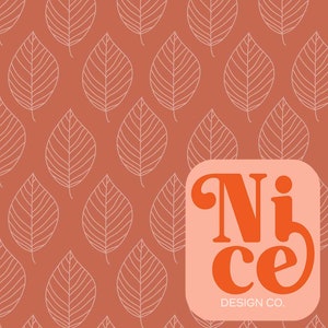 May include: A repeating pattern of white outlined leaves on a terracotta background. The image includes a logo that says "Nice Design Co." in orange letters on a peach-colored rounded rectangle.