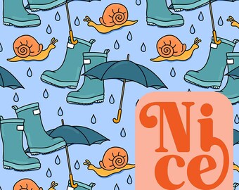 May include: A seamless pattern featuring blue rain boots, yellow snails, and blue umbrellas on a light blue background. The text "Nice Design Co." is in the lower right corner of the image.