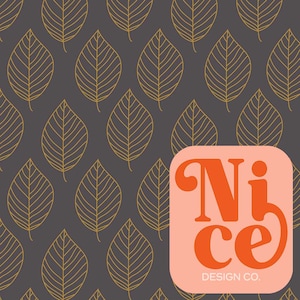 May include: A seamless pattern of gold leaf outlines on a dark gray background. The pattern is repeated throughout the image. The text "Nice Design Co." is in a pink box with orange text.