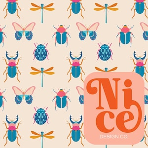 May include: A seamless pattern featuring colorful beetles, butterflies, and dragonflies on a light beige background. The pattern is repeated throughout the image. The text "Nice Design Co." is in the lower right corner of the image.
