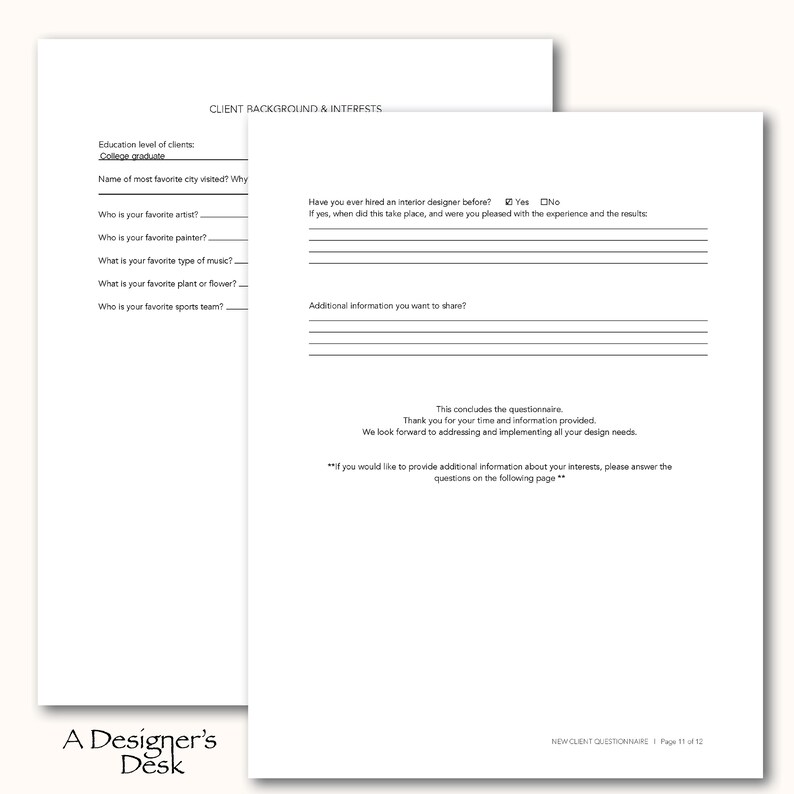 Residential Interior Design Client Questionnaire Office Etsy