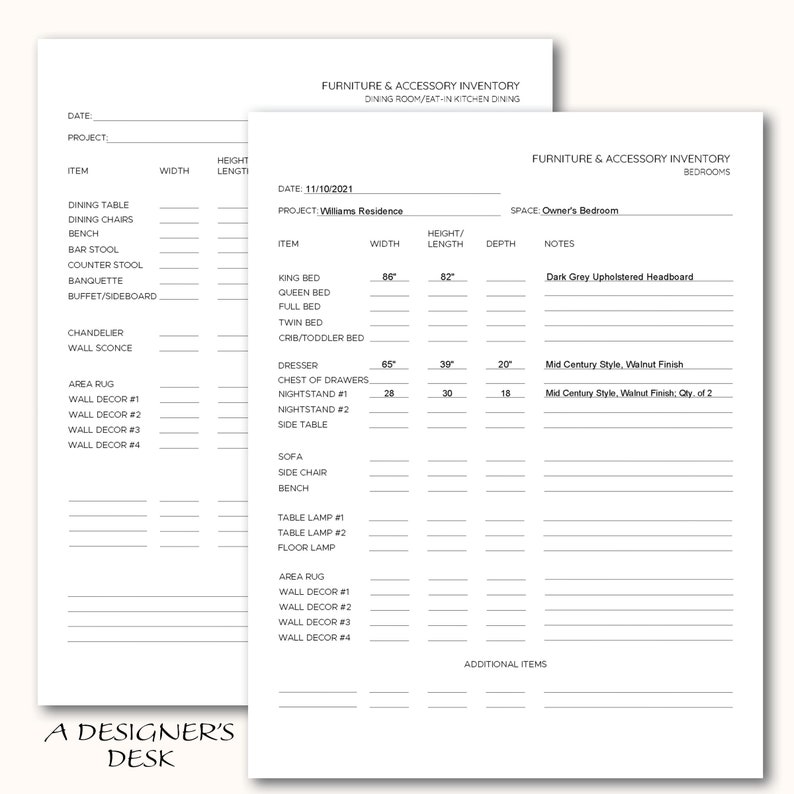 Residential Furniture & Accessory Inventory Office Document - Etsy