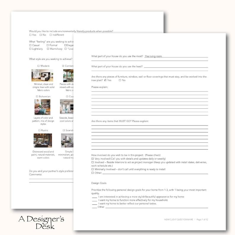 Residential Interior Design Client Questionnaire Office Etsy