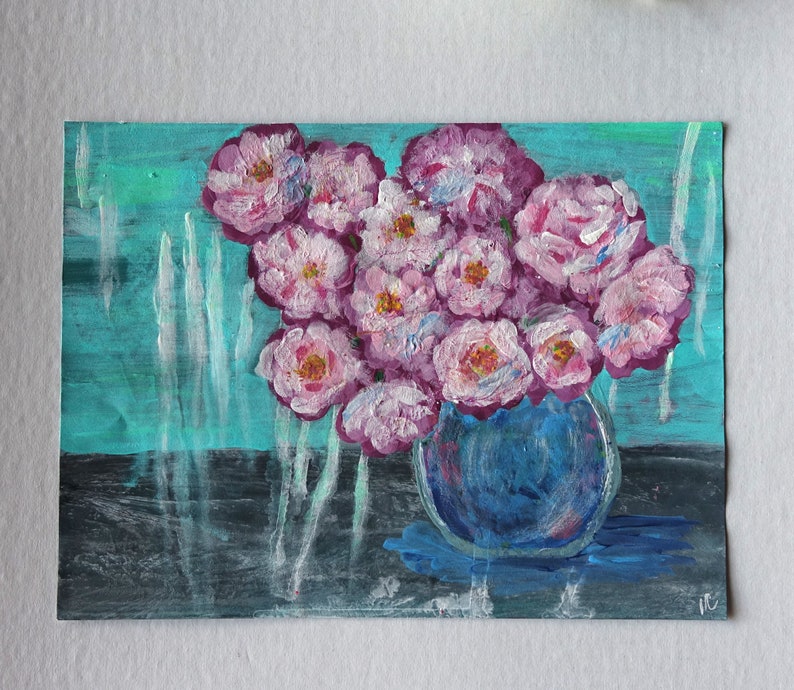 Abstract flowers painting Original mixed media painting on paper Wall art