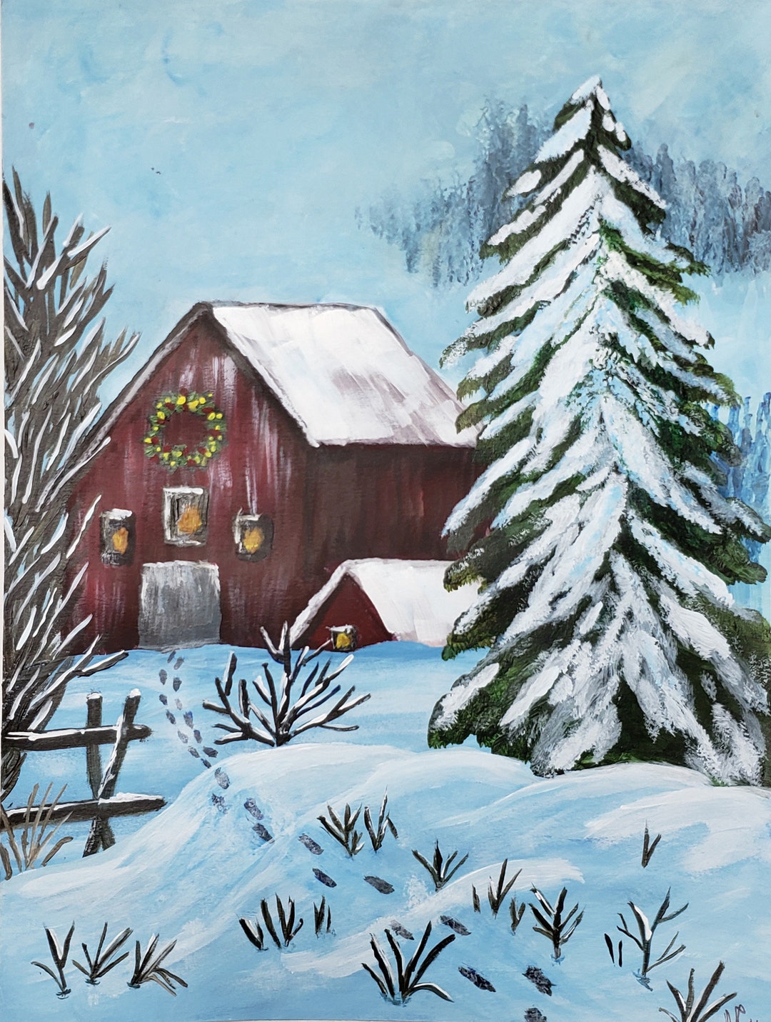 Red Barn Painting on Paper, Farmhouse Decor, Christmas Decor, Rustic ...