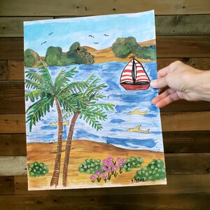 Original Beach Painting: Folk Art Seascape (11x14)