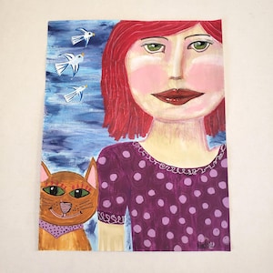 Original Painting 11 x 14 on paper Abstract Art Female Portrait with Cat Handmade Art