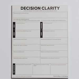 May include: A white paper notepad titled DECISION CLARITY with black text and grid lines. The layout includes sections for body, intuition, signs, logic, and post-decision prompts to guide the user through a structured decision-making process.