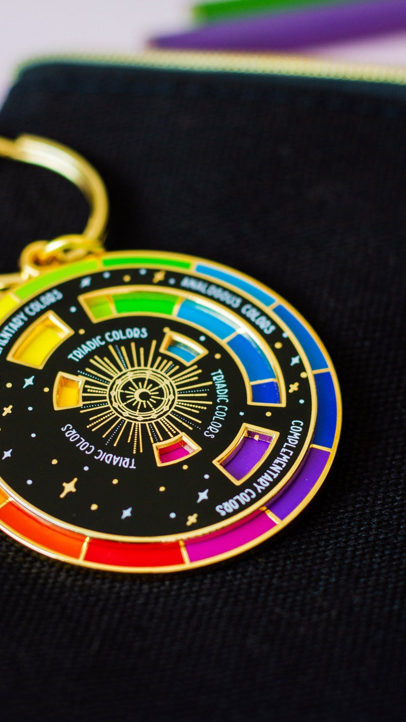 Color Wheel© Black/Gold Interactive Keychain ORIGINAL DESIGN, Spinning Keychain, Art Teacher Gift, Art Bag Keychain, Color Theory Gift image 3