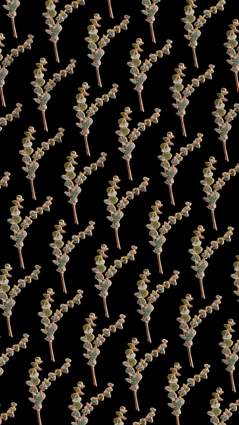 May include: A repeating pattern of eucalyptus branches with green leaves and brown stems against a black background. The leaves have a slight blue-green hue. The branches are arranged vertically.