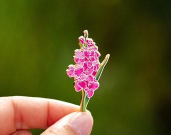 Gladiolus Floral Enamel Pin, August Birth Month Pink Flower Accessory, Nature Lover Jewelry Gifts, Botanical Lapel Brooch, Gardener Gift