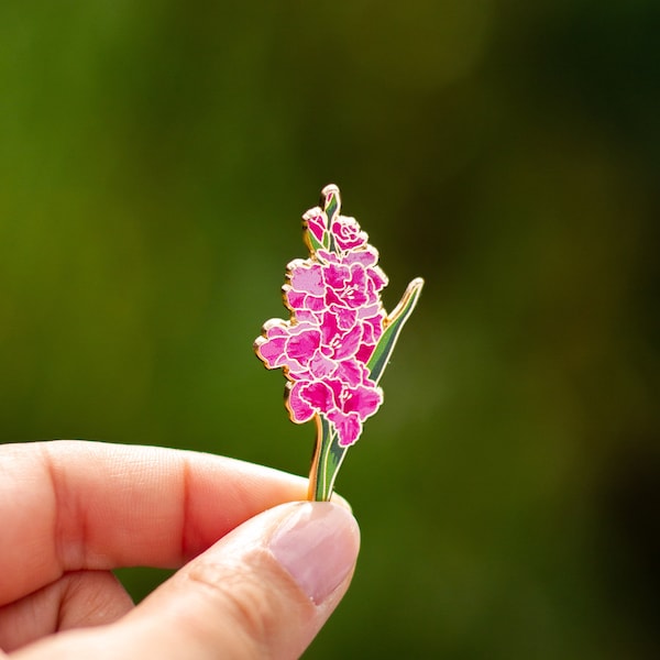 RETIRING Gladiolus Floral Enamel Pin, August Birth Month Pink Flower Accessory, Nature Lover Jewelry Gifts, Botanical Brooch, Gardener Gift