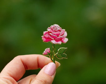 Pink Rose v2 Floral Enamel Pin, June Birth Month Flower, Love Symbol, Nature Accessory, Botanical Badge, Romantic Gift, Garden Lover Pin