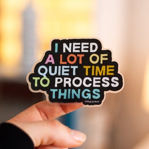 May include: A black sticker with the text "I NEED A LOT OF QUIET TIME TO PROCESS THINGS" in various colors. The sticker is held by a person's fingers. The text "@thegraymuse" is at the bottom.