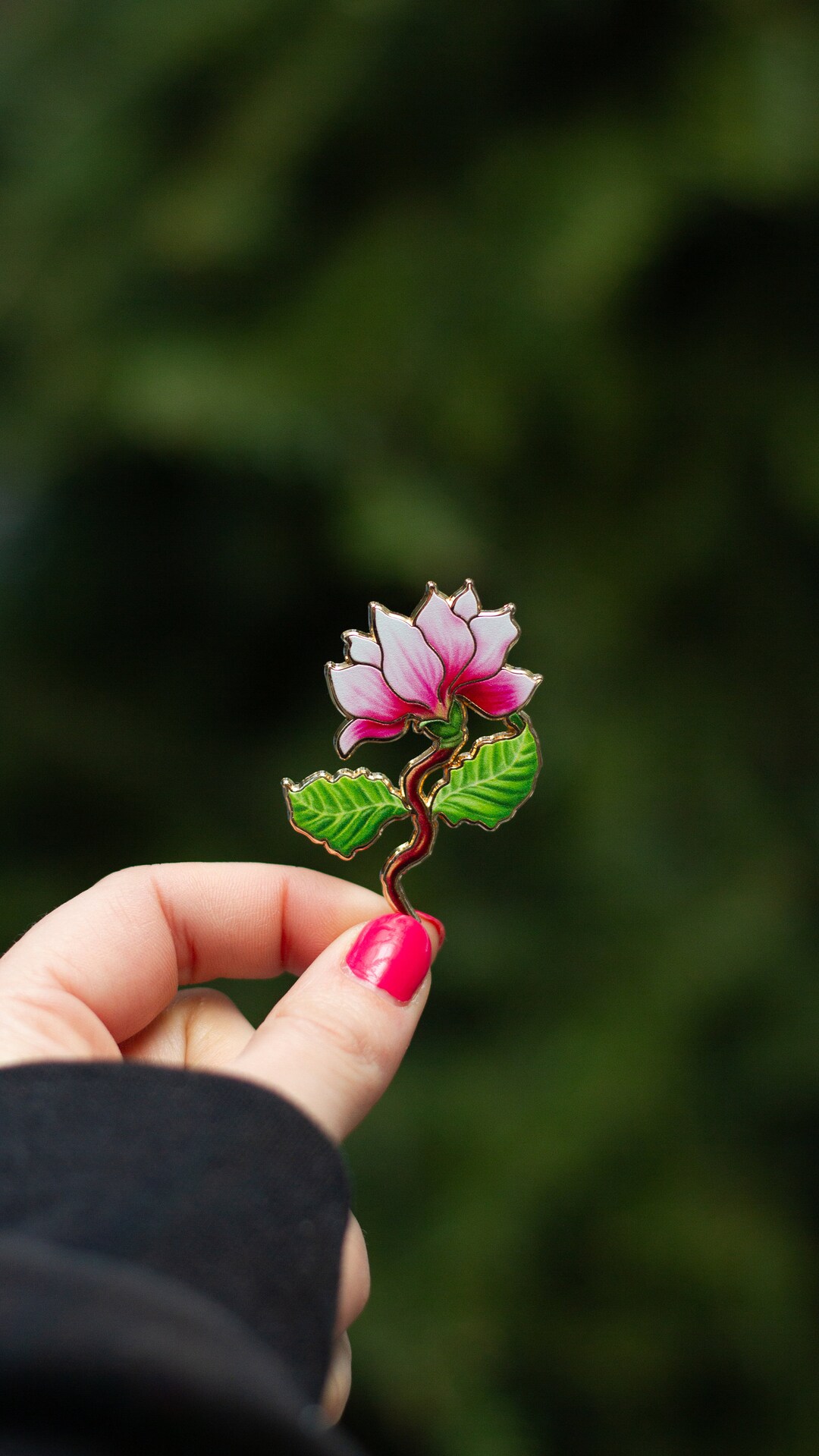 thumbnail image 2 of Pink Magnolia Flower Enamel Lapel Pin - 1.125 Inch Gold Plated Metal Brooch With Hard Enamel 2 of 11