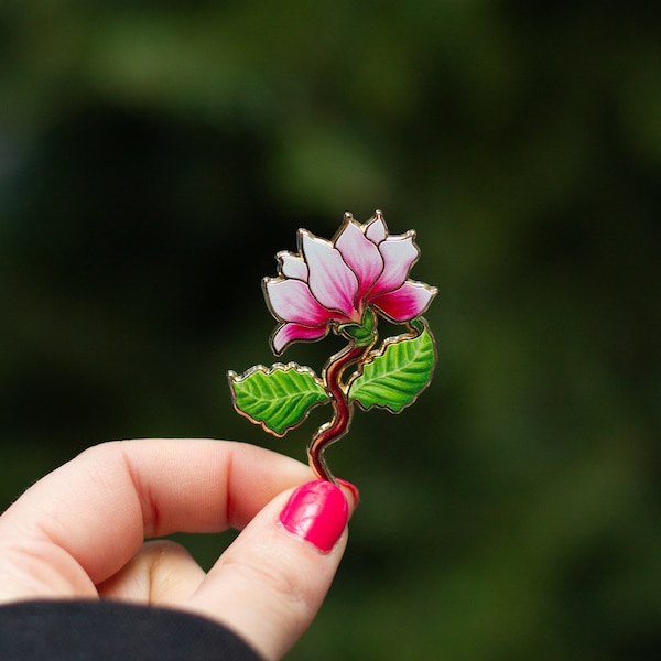 Pink Magnolia Floral Enamel Pin, Floral Lapel Badge, Botanical Brooch, Garden Flower, Nature Lover Gift, Elegant Accessory, Nature-Inspired