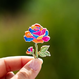 Rainbow Rose Floral Enamel Pin, June Birth Month Flower, Botanical Brooch, Nature Lover, Spring Bloom, Garden Enthusiast, Diversity Gift
