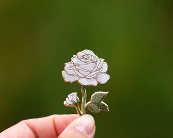 White Rose Floral Enamel Pin, June Birth Month Flower Accessory, Nature Jewelry Gifts, Botanical Lapel Brooch, Remembrance Gift, Valentines
