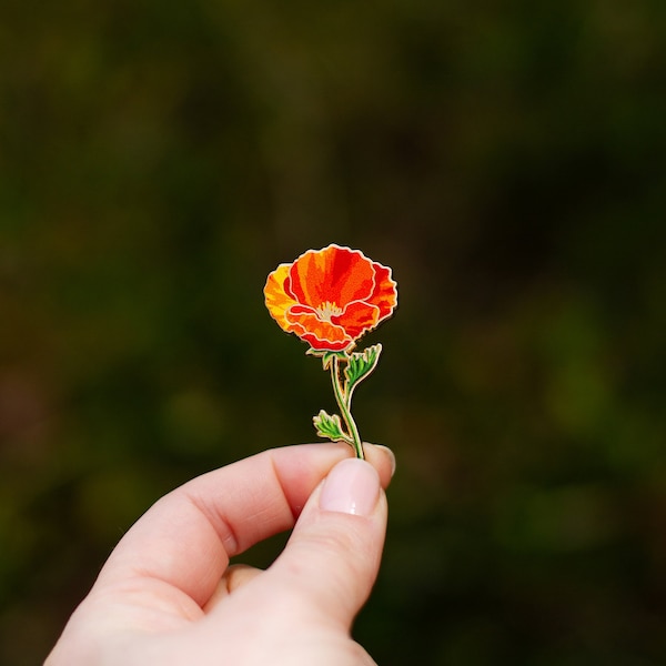 California Poppy Floral Enamel Pin, August Birth Month Flower, California State Flower, Red Accessory, Nature Garden Lover Jewelry Gifts