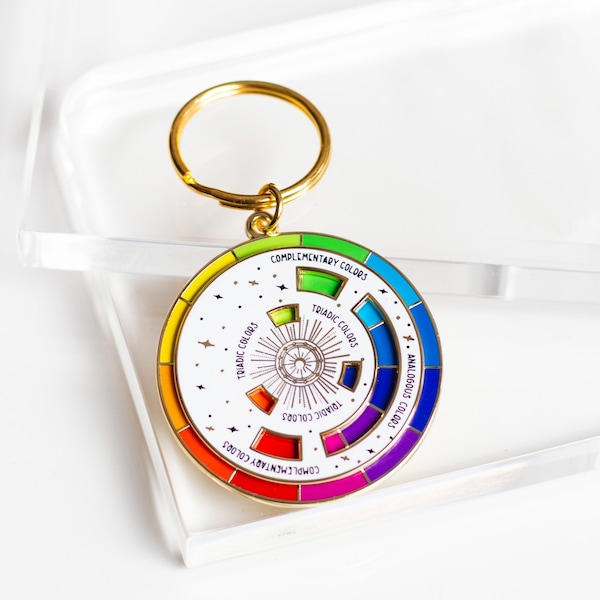 Color Wheel© Wit/Goud Interactieve Sleutelhanger ORIGINEEL ONTWERP, Draaiende sleutelhanger, Kunstleraar Cadeau, Kunsttas Sleutelhanger, Schilderij Emaille Pin