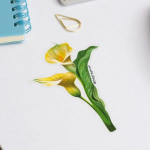 May include: A sticker featuring a detailed illustration of two yellow calla lilies with green leaves. The sticker has a white border and the text "@thegreymuse" is visible on the green leaf. The sticker is on a white surface.
