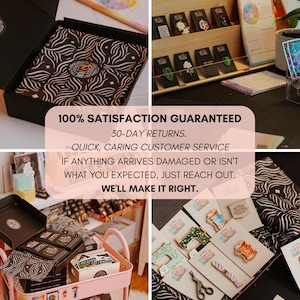 May include: A selection of pins and boxed sets, presented on a shelf and in a pink cart. The pins showcase diverse designs, and the boxes have a black and white pattern. The image includes the text "100% Satisfaction Guaranteed."