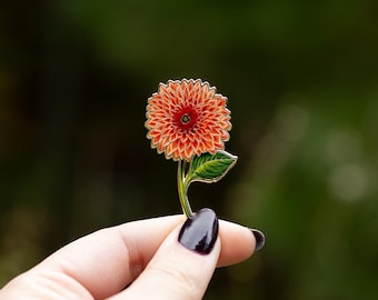 Dahlia v3 Orange Floral Enamel Pin, Red/Orange Dahlia Flower Accessory, Nature Lover Jewelry Gifts, Botanical Lapel Brooch, Gardener Gift