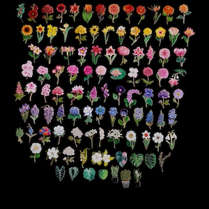 May include: A collection of colourful floral and botanical illustrations on a black background. The image features a variety of flowers, including roses, sunflowers, and lilies, along with several types of leaves and potted plants.