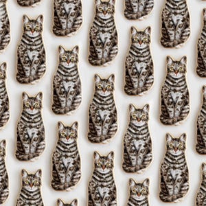 May include: A repeating pattern of brown and white tabby cat illustrations on a white background. Each cat is sitting with its paws tucked in and looking directly at the viewer.