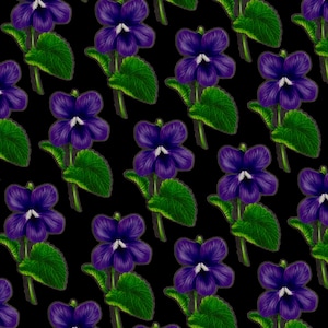 May include: A repeating pattern of purple flowers with green leaves on a black background. The flowers have five petals and a white center.