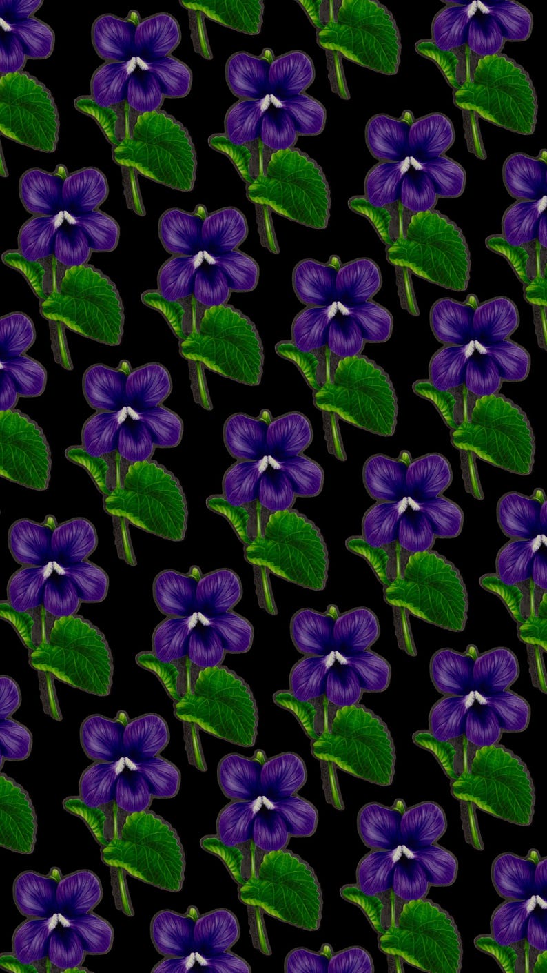 May include: A repeating pattern of purple flowers with green leaves on a black background. The flowers have five petals and a white center.