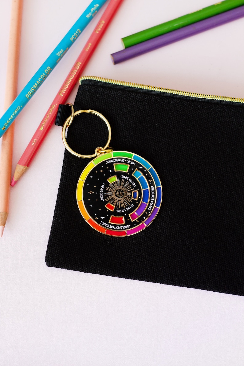 Color Wheel© Black/Gold Interactive Keychain ORIGINAL DESIGN, Spinning Keychain, Art Teacher Gift, Art Bag Keychain, Color Theory Gift image 4