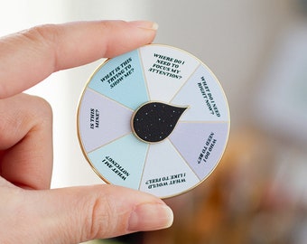 Puede incluir: Un pin redondo con borde dorado y diseño segmentado. Cada sección presenta una pregunta, como "¿Qué necesito ahora mismo?" y "¿Dónde necesito enfocar mi atención?" Un elemento negro en forma de lágrima está en el centro.