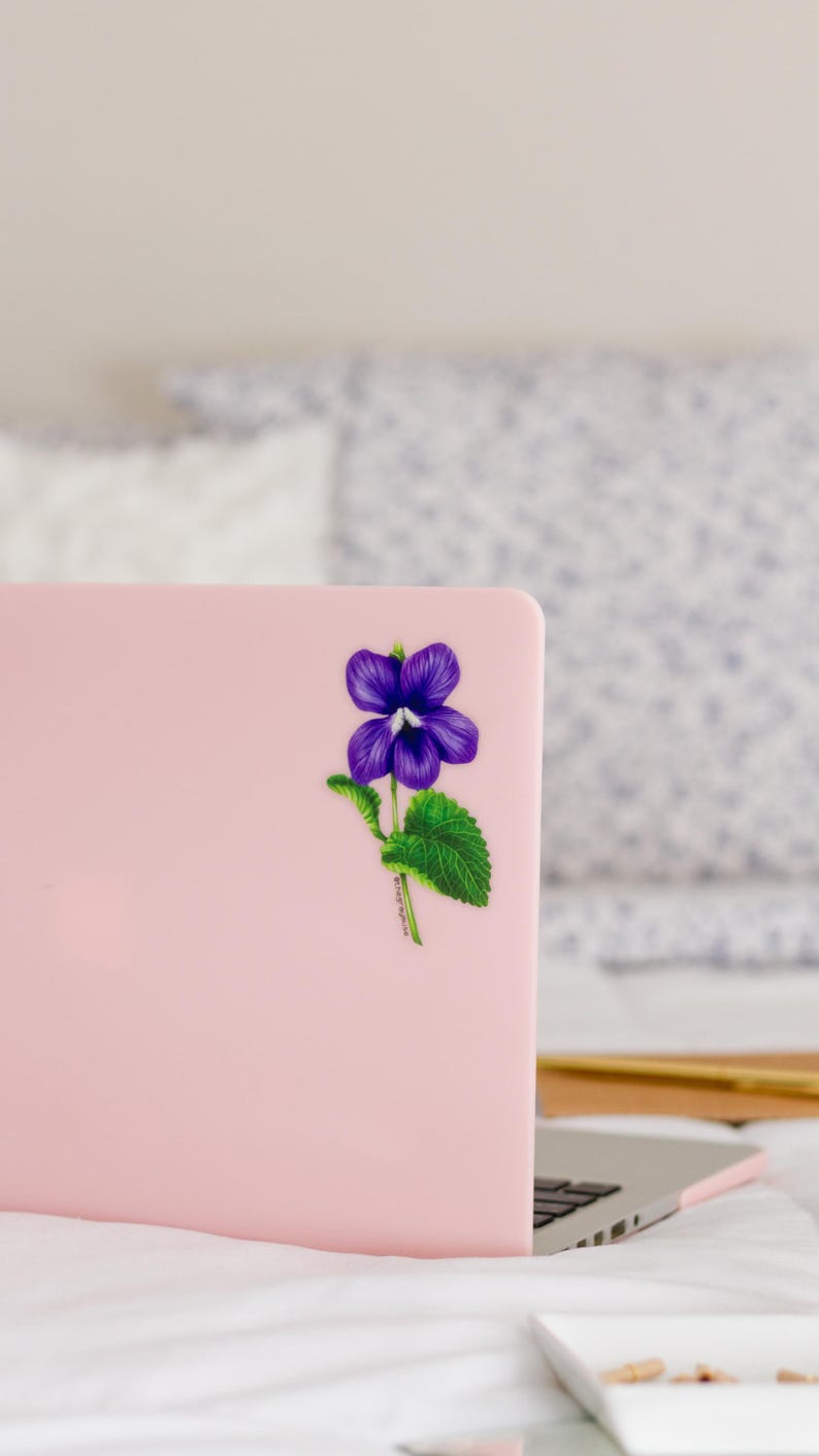 May include: A pink laptop computer with a purple flower sticker on the lid. The flower has green leaves and a white center.