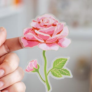 Pink Rose Floral Clear Matte Sticker, June Birth Month Flower Accessory, Nature Jewelry Gifts, Pink Decal Stickers, Gift for Gardeners