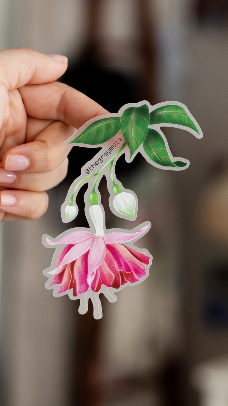 May include: A clear sticker with a pink and white fuchsia flower with green leaves. The sticker has the text "@thegraymuse" on it.