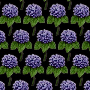 Puede incluir: Un patr&oacute;n sin costuras de flores de hortensias moradas con hojas verdes sobre un fondo negro.