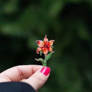 Tiger Lily Enamel Pin, Orange Flower, Gold Plated Botanical Badge