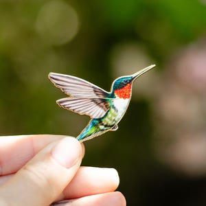 Op de afbeelding: Een kleurrijke kolibrie-broche met een gouden rand. De vogel heeft een rode keel, een blauwe kop, een witte borst en groene en blauwe vleugels en staart. De kolibrie is in volle vlucht afgebeeld. De broche wordt in een hand gehouden.