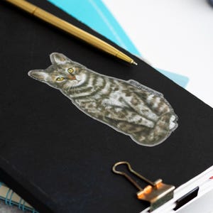 May include: A black notebook with a gray tabby cat sticker on the cover. A gold pen and a silver paperclip are also on the notebook.
