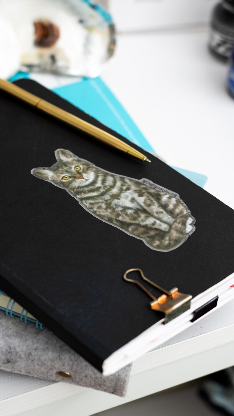May include: A black notebook with a gray tabby cat sticker on the cover. A gold pen and a silver paperclip are also on the notebook.