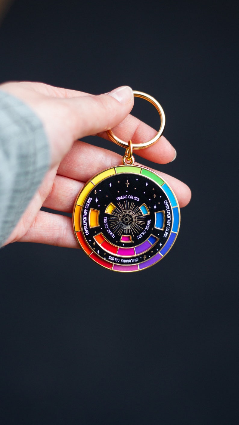 Color Wheel© Black/Gold Interactive Keychain ORIGINAL DESIGN, Spinning Keychain, Art Teacher Gift, Art Bag Keychain, Color Theory Gift Black/Gold Keychain