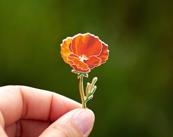 California Poppy Floral Enamel Pin, Golden State Flower Lapel, August Birth Month Flower, Botanical Brooch, Nature Gift, Spring